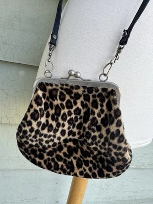 Vintage Y2K Fuzzy Leopard Print Cross Body Small Purse Coin Kiss Clasp - Image 1 of 4