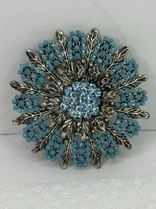 Silver Tone Flower Pin Brooch With Faux Turquoise Beads Aqua Rhinestones - Picture 1 of 4