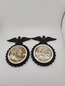 Currier & Ives "The  Homestead In Winter" Eagle 6" Tile Trivets Japan - Picture 1 of 3