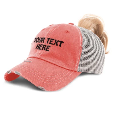 Custom Embroidered Womens Ponytail Cap Personalized Distressed Trucker Hats - Image 1 of 3