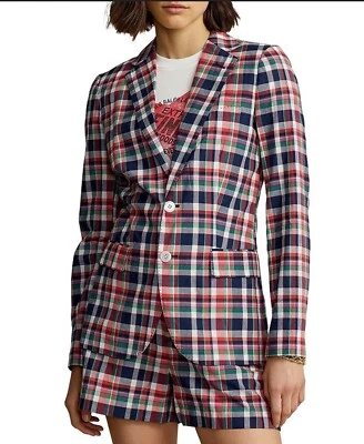NUEVO Blazer Ralph Lauren Madras de un solo pecho talla 4 a cuadros cuello nuevo con etiquetas Foto 1 de 4