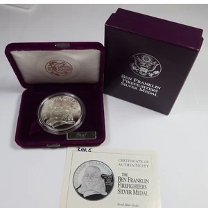 1992 Ben Franklin Firefighters 1 oz Silver Proof Medal with Box & COA #52522Q - Picture 1 of 5