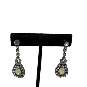 Rhinestone Drop Earrings Clear Faux Opal Vintage Elegant Pierced Dangle - Picture 1 of 7
