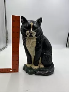 HUGE Heavy 9 lbs ANTIQUE VINTAGE BLACK White CAT DOOR STOP Cast Iron 12" - Picture 1 of 7