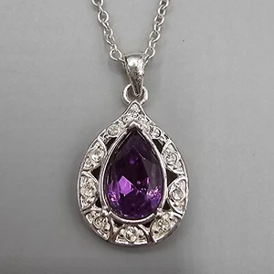 Avon Purple Crystal Teardrop Pendant Necklace Silver Tone Clear Accent Stones - Picture 1 of 9