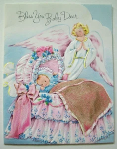 Angel visit New Baby flocked blanket embossed vintage greeting card *TT5 - Picture 1 of 3
