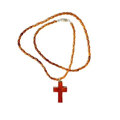 Joyería Hawaiana Grande Colgante Cruz Madera Koa con Collar de Cuentas de Arroz Madera Koa Foto 1 de 3