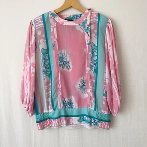 Vintage DIANE FREIS Blouse Size 10-12-14 Pink Blue Floral Sheer Georgette - Picture 1 of 10
