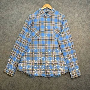 Amiri Shirt Mens Size UK L Blue Plaid Long Sleeve Paint Splatter Frayed Flannel - Picture 1 of 13