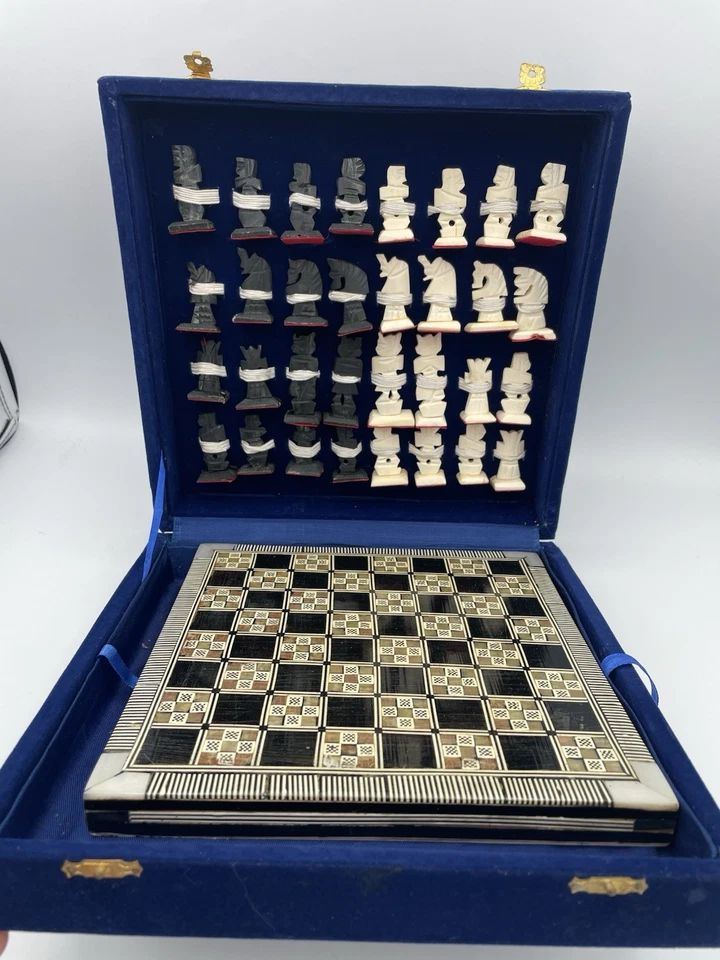Vintage Egyptian Chess Set Faux Bone Pieces w/ Inlaid Wood Board 8”x8” - Image 1 of 4