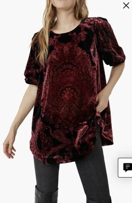 FREE PEOPLE Maye Puff Sleeve Printed Velvet Tunic - Small Wine Black Gold - Image 1 of 4
