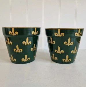 2 macetas vintage pintadas de flor de lis verde y oro - 14 cm y 13,5 cm - Imagen 1 de 14