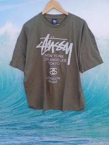 Stussy XXL World Tour Short Sleeve Army Green Tee #0286 - Picture 1 of 3