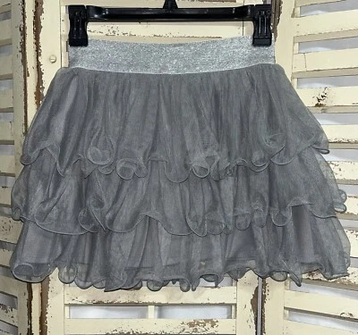 LN~Justice Girls~Gray/Silver~Ruffle~Tulle~Skirt~Glitter Elastic Waist~Size 14 - Image 1 of 4