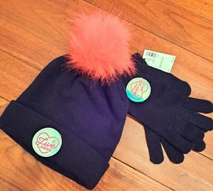 Justice Girls Winter Hat And Gloves Set Black With Hot Pink Pom Pom NWT - Picture 1 of 7