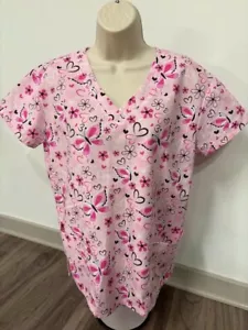 365 WORKWEAR WOMENS SCRUB TOP SMALL PINK BUTTERFLIES - Picture 1 of 1