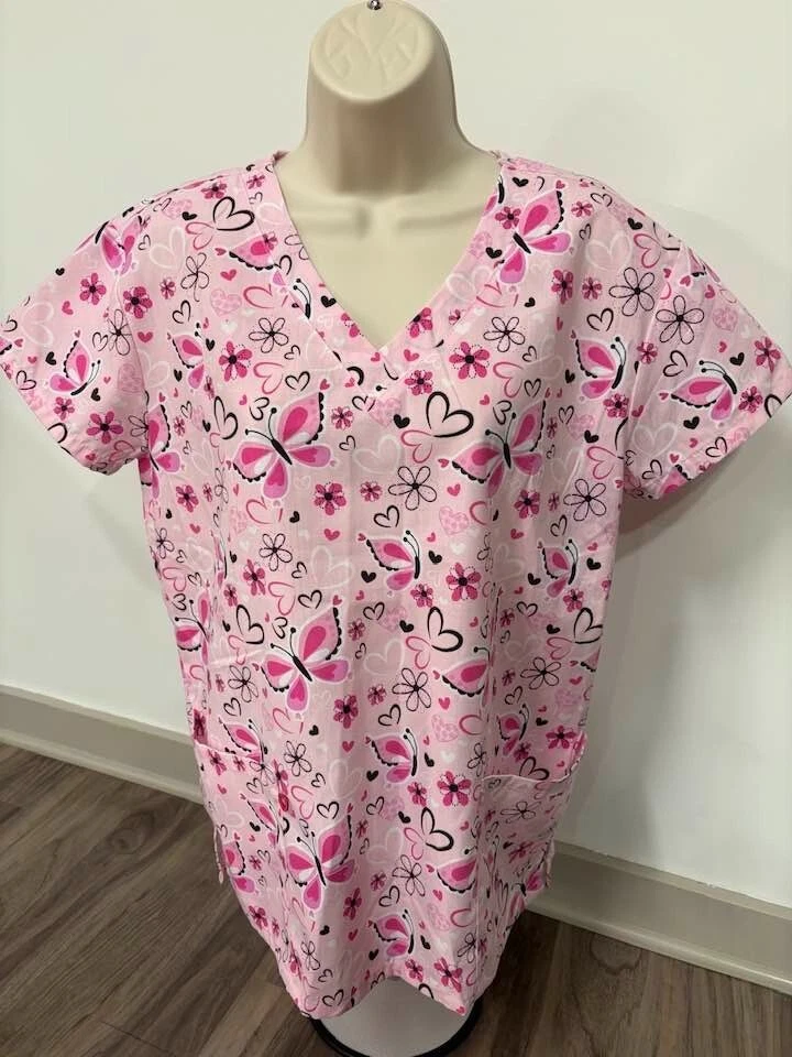 365 WORKWEAR WOMENS SCRUB TOP SMALL PINK BUTTERFLIES - Image 1 of 1