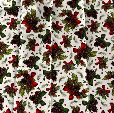 QT Fabrics Winter Greetings Christmas Pinecones Ribbon OOP 1 Fat Quarter - Image 1 of 3