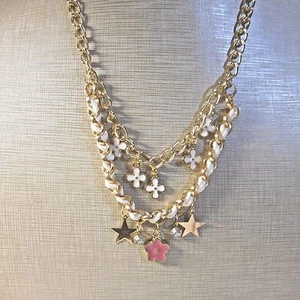 FLOWERS AND STARS enamel MULTI-LAYERS GOLD TONE CHAIN NECKLACE USA - Picture 1 of 3