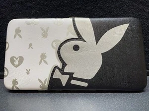 VINTAGE PLAYBOY WALLET Y2K BLACK/WHITE/SILVER PINK LOGO ~CHROME~ HOLDS 6 CARDS - Picture 1 of 15