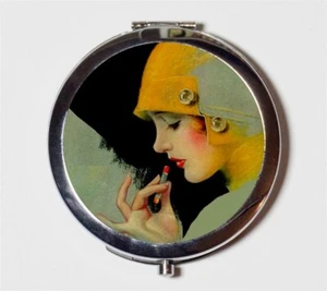 Flapper Art Deco Lipstick Compact Mirror Make Up Pocket Mirror Cosmetics - Picture 1 of 2