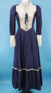 VTG Women's 70s Dark Blue Floral Lace Front Prairie Maxi Dress Sz XXS/XS 1970s - Picture 1 of 12