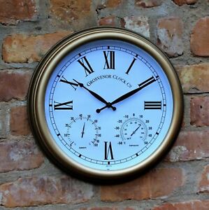 Copper Effect Garden Station Wall Clock with Thermomer Indoor Outdoor Roman 38cm