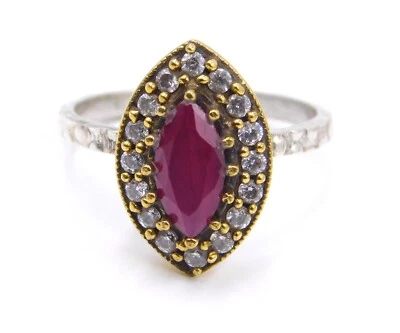 4 Gm 925 Sterling Silver Lab Created Ruby & C.Z. Stone Two Tone Ring 8.1US M2853 - Image 1 of 4