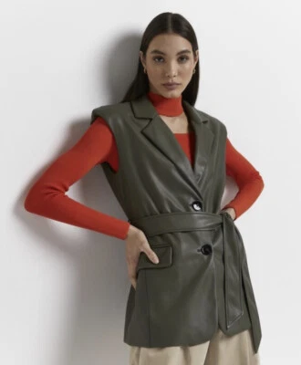 Blazer River Island Caqui Imitación Cuero Sin Mangas SIN CINTURÓN NUEVO CON ETIQUETAS UK 12. PVP £69! Foto 1 de 4