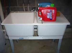 Double Utility Laundry Sink with Faucet Garage Basement Worksite Wash Basin Tub - Picture 1 of 7