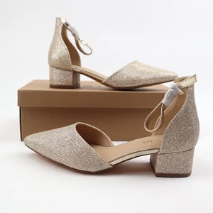 Women's Pumps Pointed Toe Low Chunky Heels Ankle Strap Closed Toe Gold Glitter 8 - Picture 1 of 11