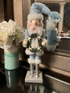 Wood Nautical Christmas Santa Nutcracker with Starfish Wreath - Picture 1 of 6