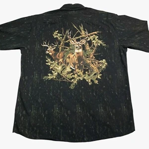 RedHead Button up Shirt Mens Large Black Green Camo Big Buck Deer Graphic Huntin - Picture 1 of 13