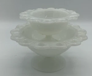 Vtg Lace Edge Milk Glass Compote Pedestal Candy Dish Lot of 2 Medium & Small - Picture 1 of 8