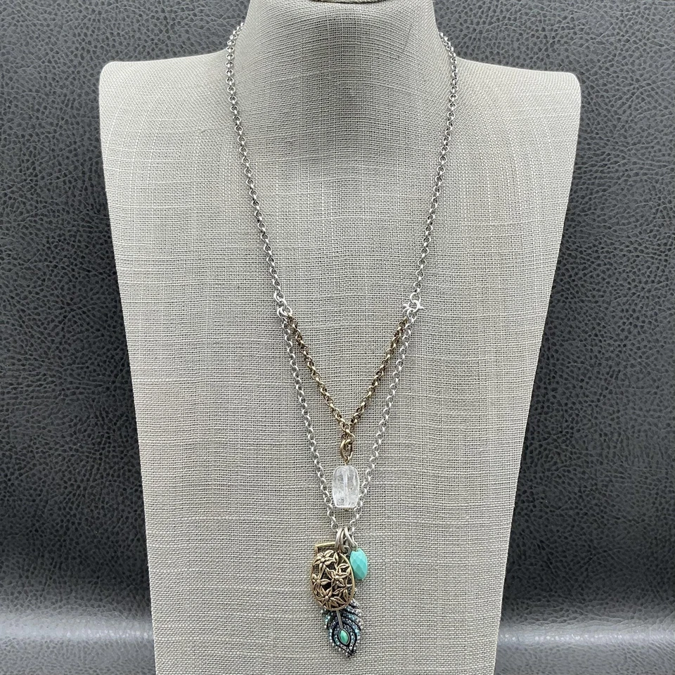 Collar Boho Marca Lucky Plata Tono Dorado Turquesa Cuentas Pluma Colgante 24" Foto 1 de 4