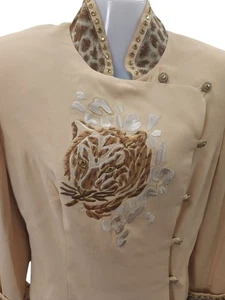 High Drama Damen Blazer Größe 8 Beige Leopard Vintage 80er Bestickt Tiger Desi - Bild 1 von 22