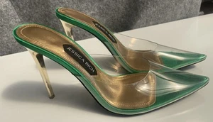 Jessica Rich So Bossy Green Satin Pointed Transparent Highheel Mules Size 5/38/7 - Picture 1 of 11