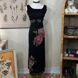 Vintage 90s Y2k Floral Beaded Silk Maxi Dress Fairy Dark Coquette Romantic 10 - Picture 1 of 7