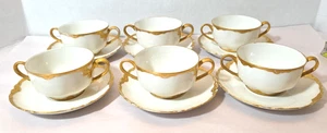 VTG Antique HAVILAND LIMOGES Bouillon CUPS SAUCERS 6 SETS WHITE SCALLOP GOLD - Picture 1 of 9