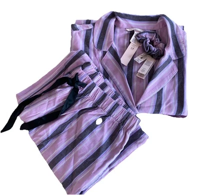 Conjunto de 2 pijamas femininos Victoria Secret flanela listra icônica roxa tamanho P/P - Imagem 1 de 4