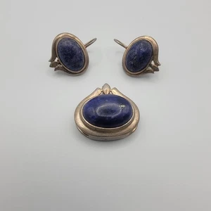 Vintage SU Sterling Silver 925 Blue Lapis Stone Leverback Earrings & Pendant Set - Picture 1 of 14