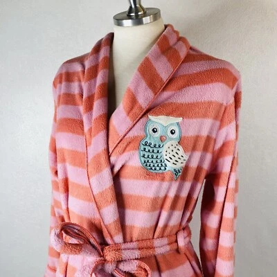 Nick and Nora Size XS/S Pink Coral Striped Soft Fuzzy Belted Robe OWL Embroidery - Image 1 of 4