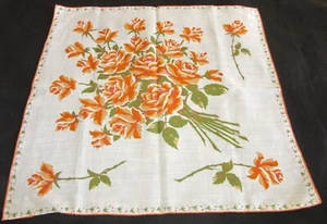 Vintage Hankie Shades of Orange Rose Floral Two Dozen Roses Hand Rolled - Picture 1 of 2
