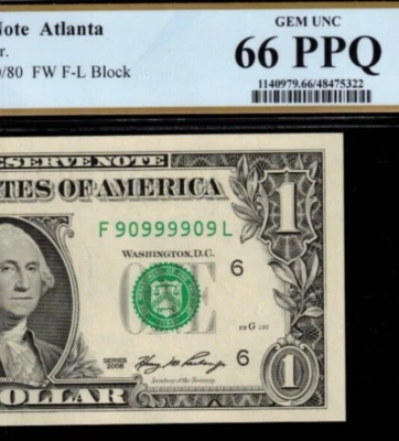 2006 $1 Federal Reserve Note PCGS 66PPQ super radar serial number 90999909 - Image 1 of 3