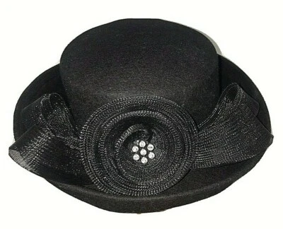 Vintage Original Black Felted Wool Church Hat Tulle Gems 22 3/4" IC Retro - Image 1 of 4