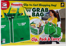 2 pk Green GRAB BAGS Reusable Clip to Shopping Cart Expandable Sides Pocket NEW