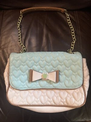 Betsey Johnson Quilted Hearts Shoulder Bag Hobo Teal Cream Handbag  Vintage - Image 1 of 4