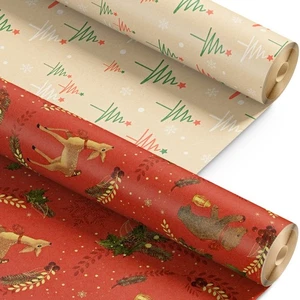 Paquete de 2 rollos de papel de envolver de Navidad de diseño festivo Kraft & Co - Imagen 1 de 91