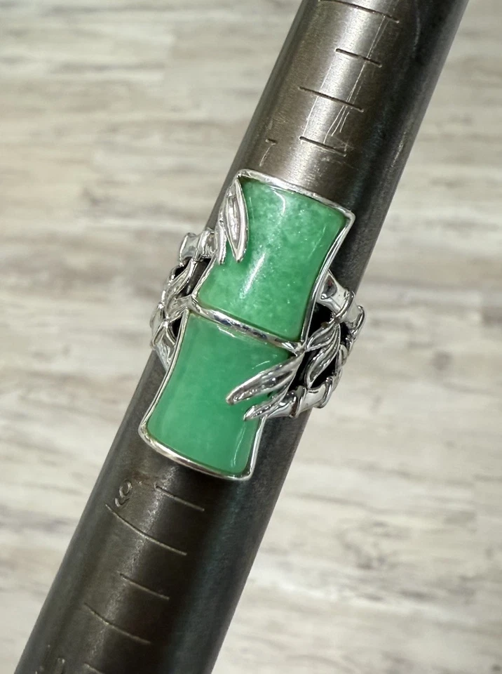 Deslumbrante anel de bambu jade verde 925 assinado por BBJ prata esterlina tamanho 7,75-8 - Imagem 1 de 4
