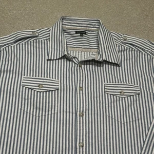 J Peterman Button Up Shirt Mens 2XL XXL Beige Blue Striped Eapaulettes - Picture 1 of 9